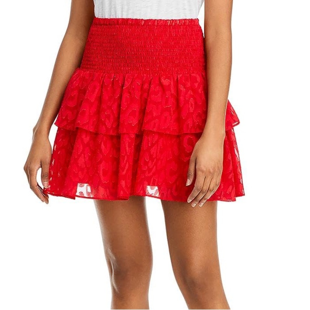 MILLY $295 Wyatt Leopard Dot Mini Smocked Ruffle Flare Skirt Size XS-S Red
